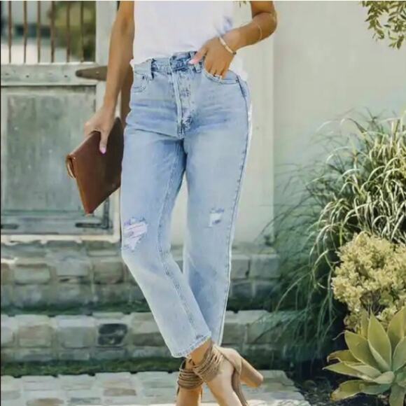 twelve Denim - TWELVE by ontwelfth cotton high-waist BF blue jeans distressed button fly sz 28